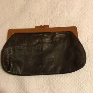 1970s vintage brown leather patchwork clutch.  Made in Hong Kong.